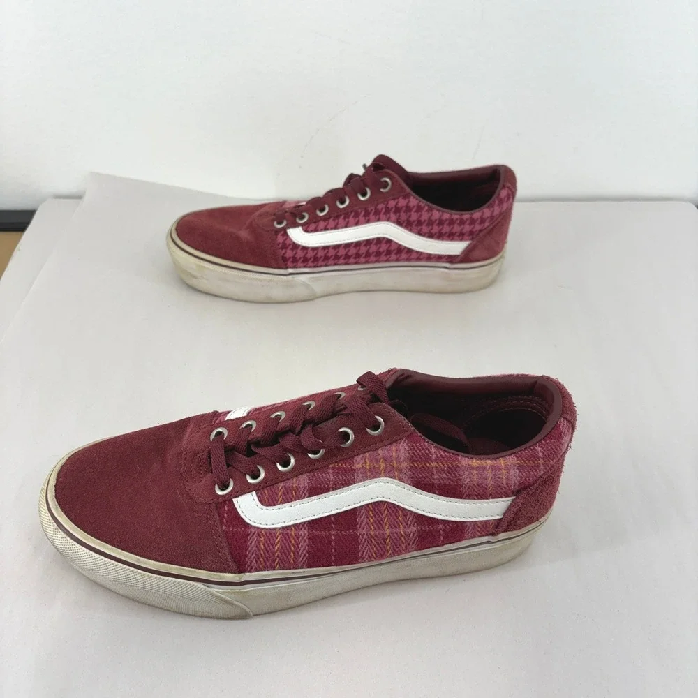 Vans Old Skool Burgundy Houndstooth Plaid Suede Low Top Sneakers Womens 9.5
